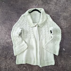 Vintage Cable Knit Cardigan Sweater Womens L Light Green Knit Handmade Cottage
